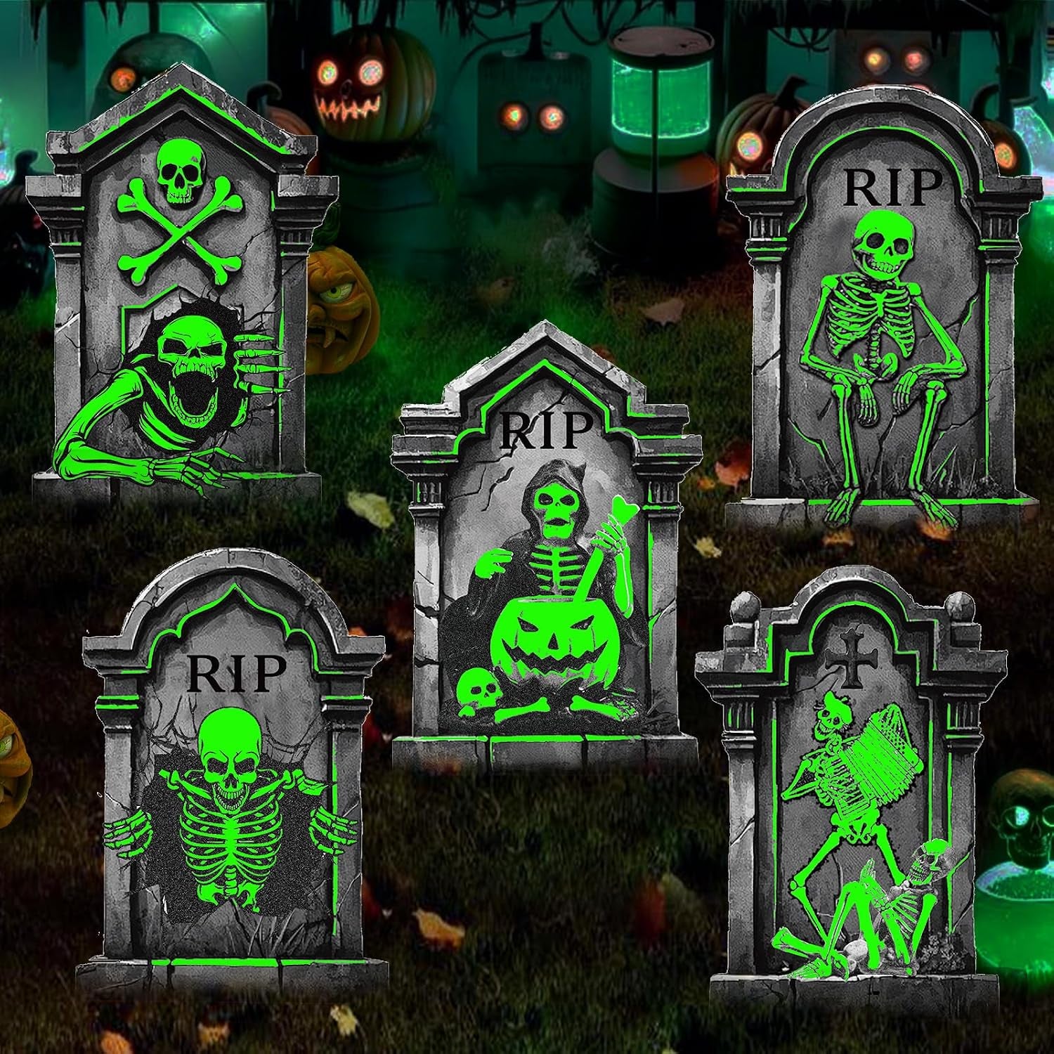 25.2In Halloween Tombstones Outdoor Decor Glow in the Dark - 5PCS Tombstones for Graves Halloween Gravestones Decorations, Spooky Halloweens Decorations Yard Signs for Graveyard Haunted House