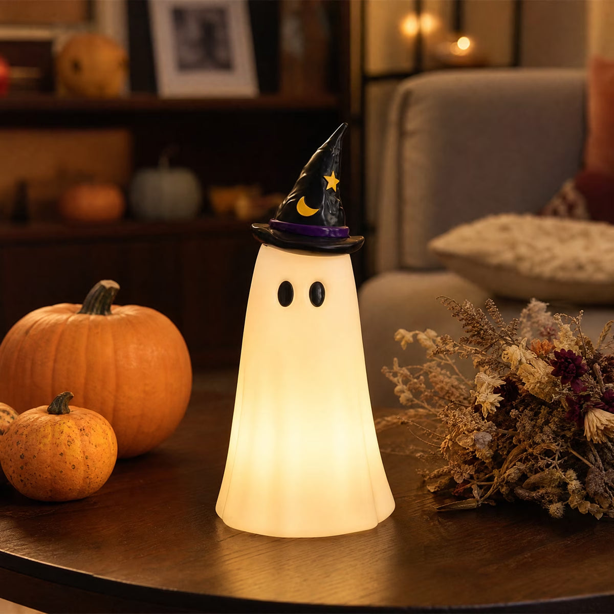 Stained Glass Witch Hat Lamp, Halloween Decoration Pink Purple Ghost Moon Small Tiffany Lamp, Gothic Indoor Halloween Table Decor Night Light - 11 Inch