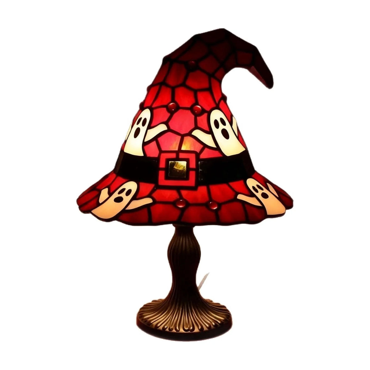 Stained Glass Witch Hat Lamp, Halloween Decoration Pink Purple Ghost Moon Small Tiffany Lamp, Gothic Indoor Halloween Table Decor Night Light - 11 Inch