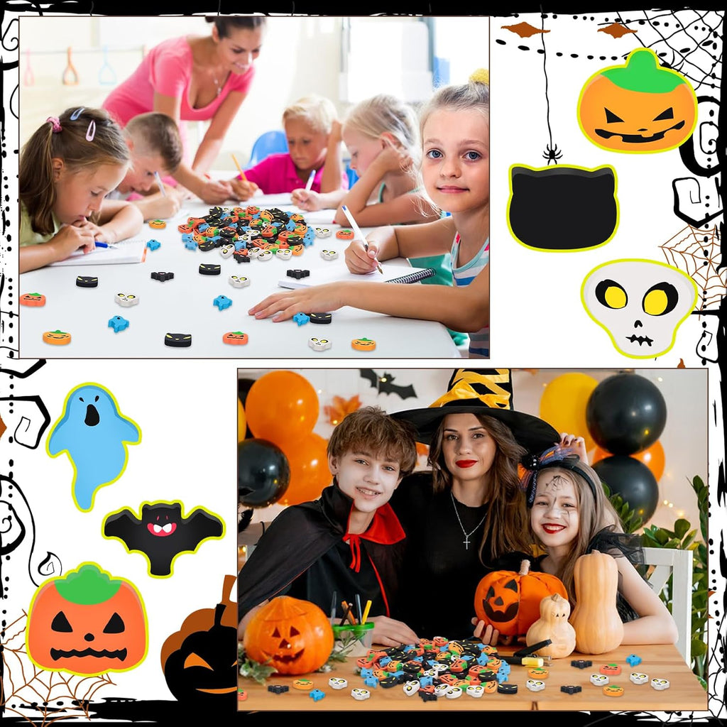 100Pcs Halloween Erasers Pumpkin Bat Ghost Skull Cat Pencil Erasers Bulk for Classroom Gift Rewards Student Prizes Halloweens Party Favor (Halloween)
