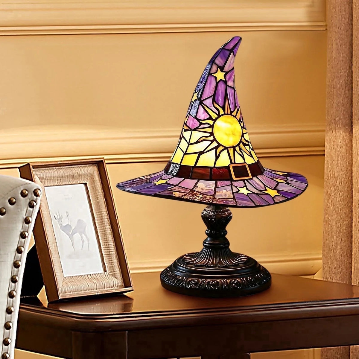 Halloween Witch Hat Table Lamp, Stained Glass Style Jack O Lantern Night Light Ghost Decor Skull Nightlight for Indoor Home Office Table Mantel Shelf Party Supply