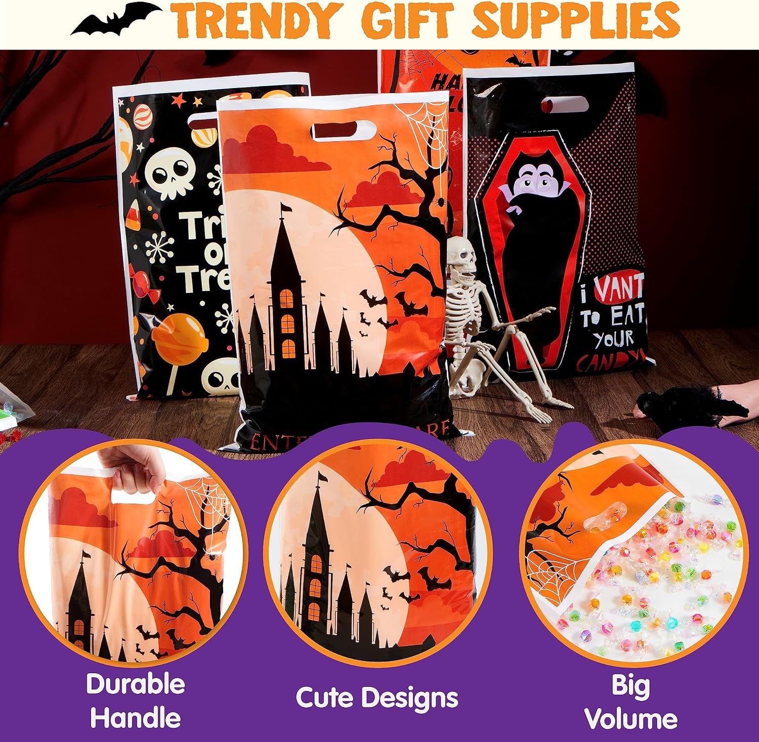 72 Pcs Halloween Candy Bag for Trick or Treating, Plastic Goodie Bags Assorted for Halloween Trick-Or-Treat Snacks Party Favors, Event Party Favor Supplies Classroom Prizes
