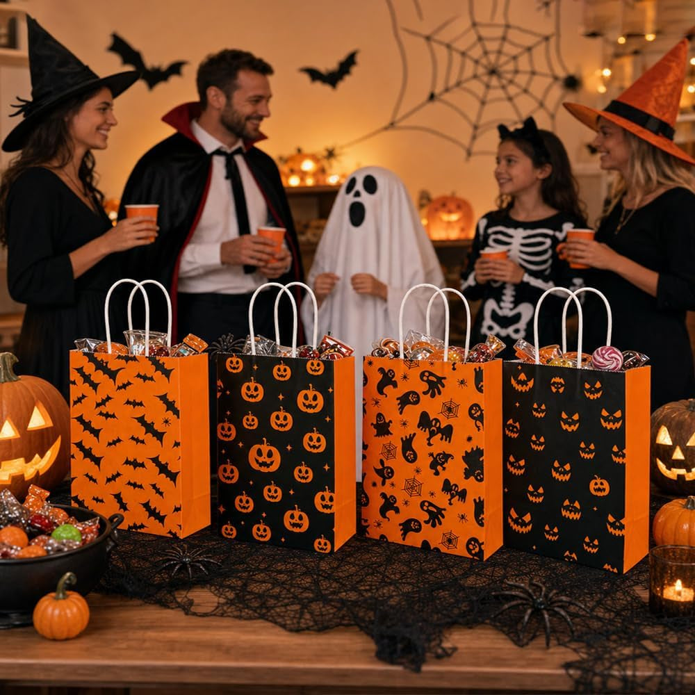 12 PCS Halloween Treat Bags with Handle for Candy Goodie Gift Snack Wrap