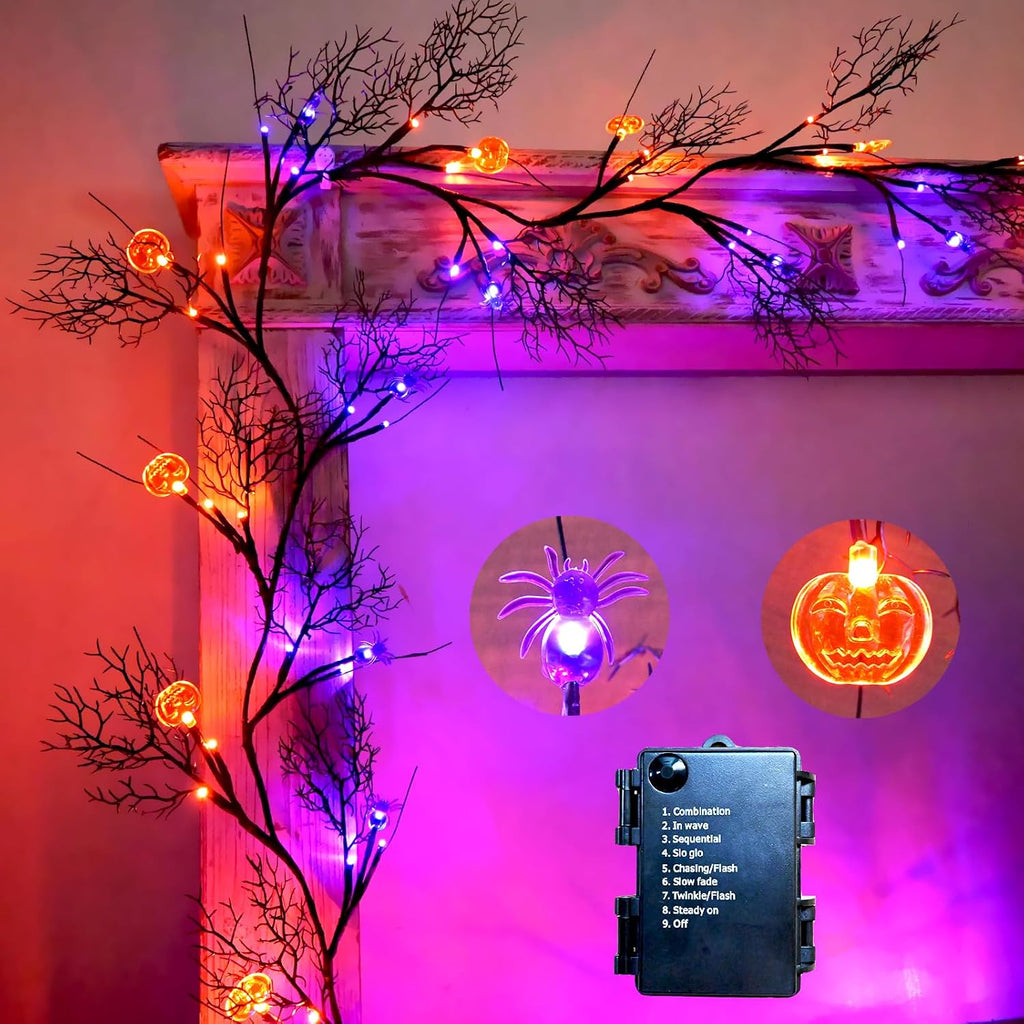 Halloween Decor Lights 8.86FT 72 LED Willow Vine Twig with Timer Battery Operated Garland Lights with Orange Pumpkins Purple Spiders and Black Dead Branches Indoor Halloween Decorations for Home