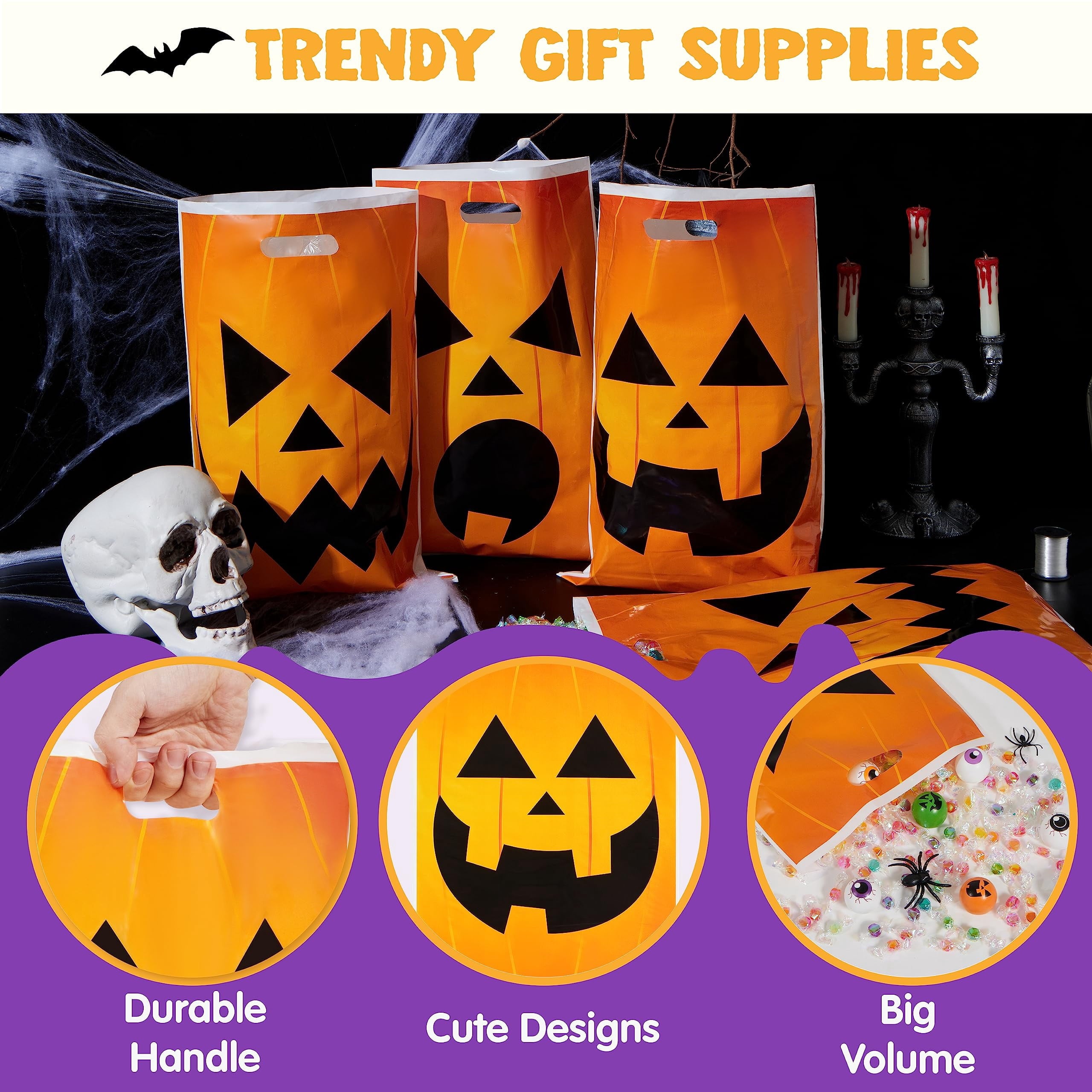 Joyfy 72 Pcs Halloween Trick or Treat Bags Large Halloween Treat Bags for Kids,Halloween Plastics Pumpkins Bags Orange Treat Bags Gift Bags