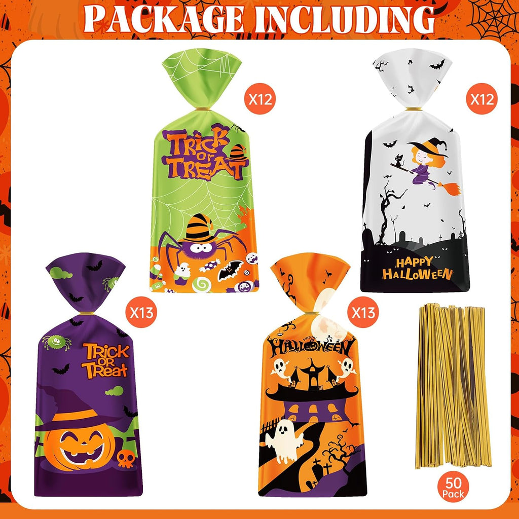 50 Pack Halloween Treat Bags - Plastic Halloween Goodie Bags, Happy Halloweens Candy Bag, Trick or Treat Snack Gift Cellophane Bags with Twist Ties for Kids Hallowen Party Birthday Supplies Favors