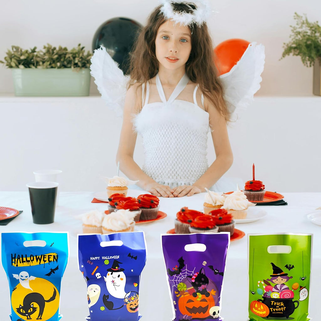 60 PCS Halloween Goodie Bags Trick or Treat Bags Plastic Candy Bag with Handle Halloween Treat Bags Bulk Snacks Cookie Gift Bag for Party Favors Supplies Gift Basket