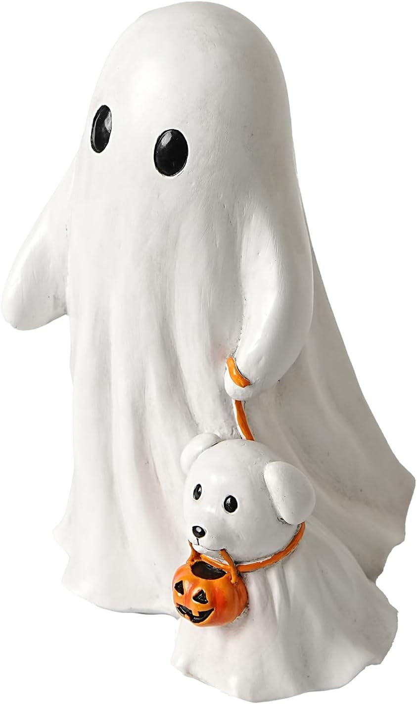 Halloween Ghost Walking Dog Statue, Cute White Ghosts Figurines