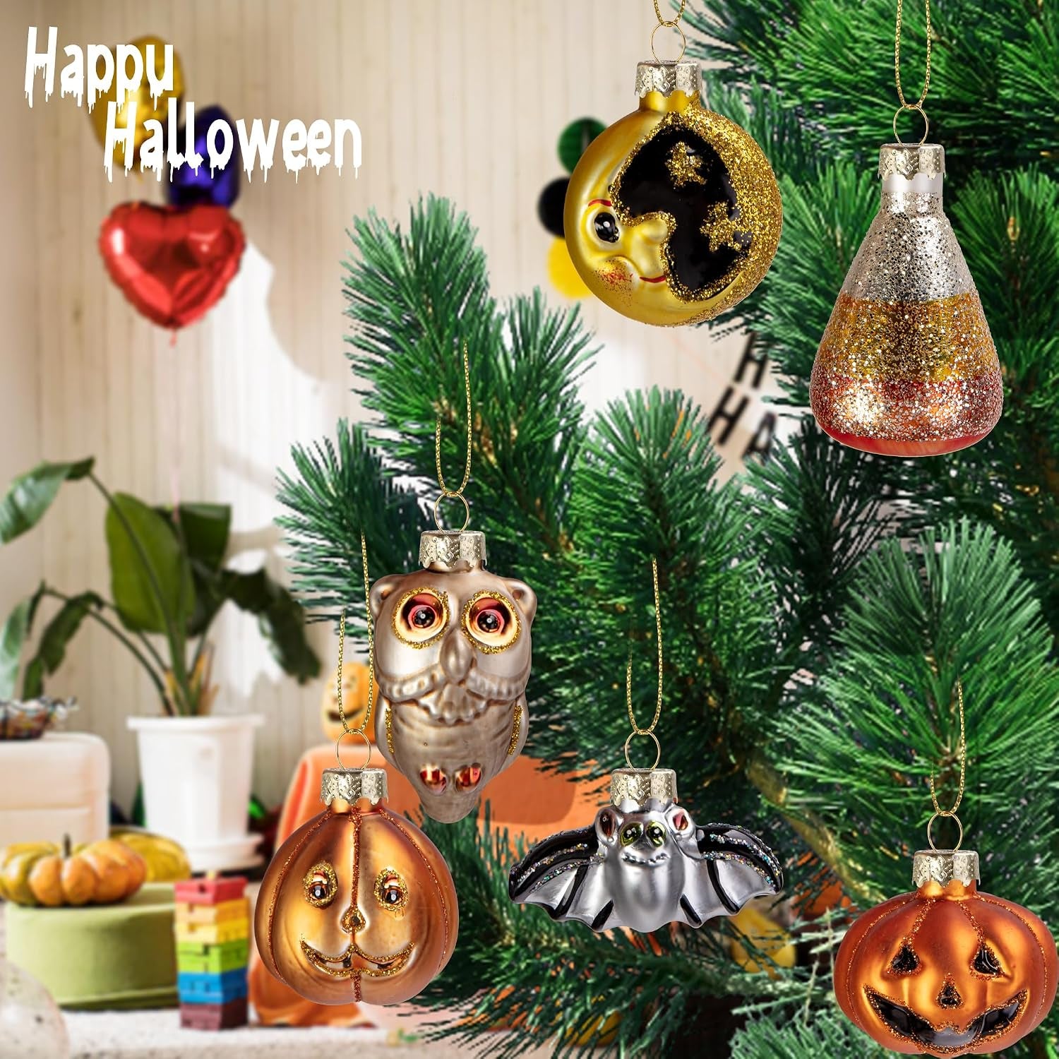 6 Pcs Halloween Glass Blown Hanging Ornaments, Halloween Spooky Tree Decor