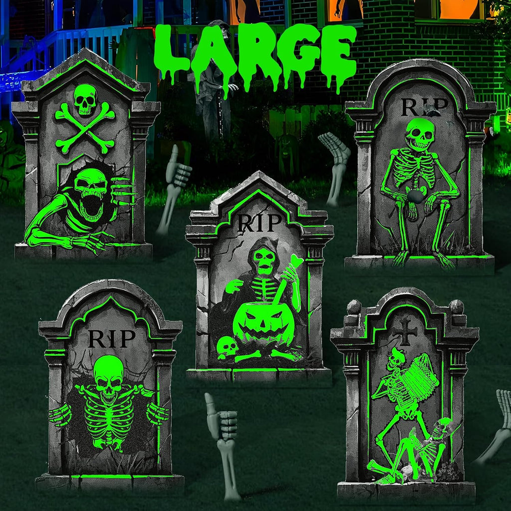25.2In Halloween Tombstones Outdoor Decor Glow in the Dark - 5PCS Tombstones for Graves Halloween Gravestones Decorations, Spooky Halloweens Decorations Yard Signs for Graveyard Haunted House