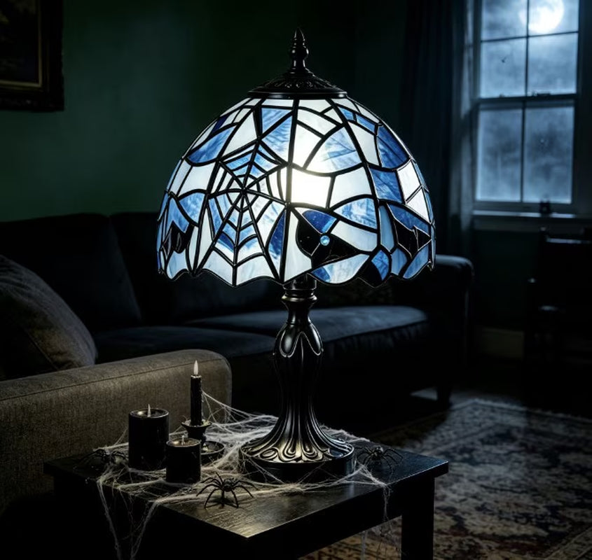 Stained Glass Witch Hat Lamp, Halloween Decoration Pink Purple Ghost Moon Small Tiffany Lamp, Gothic Indoor Halloween Table Decor Night Light - 11 Inch