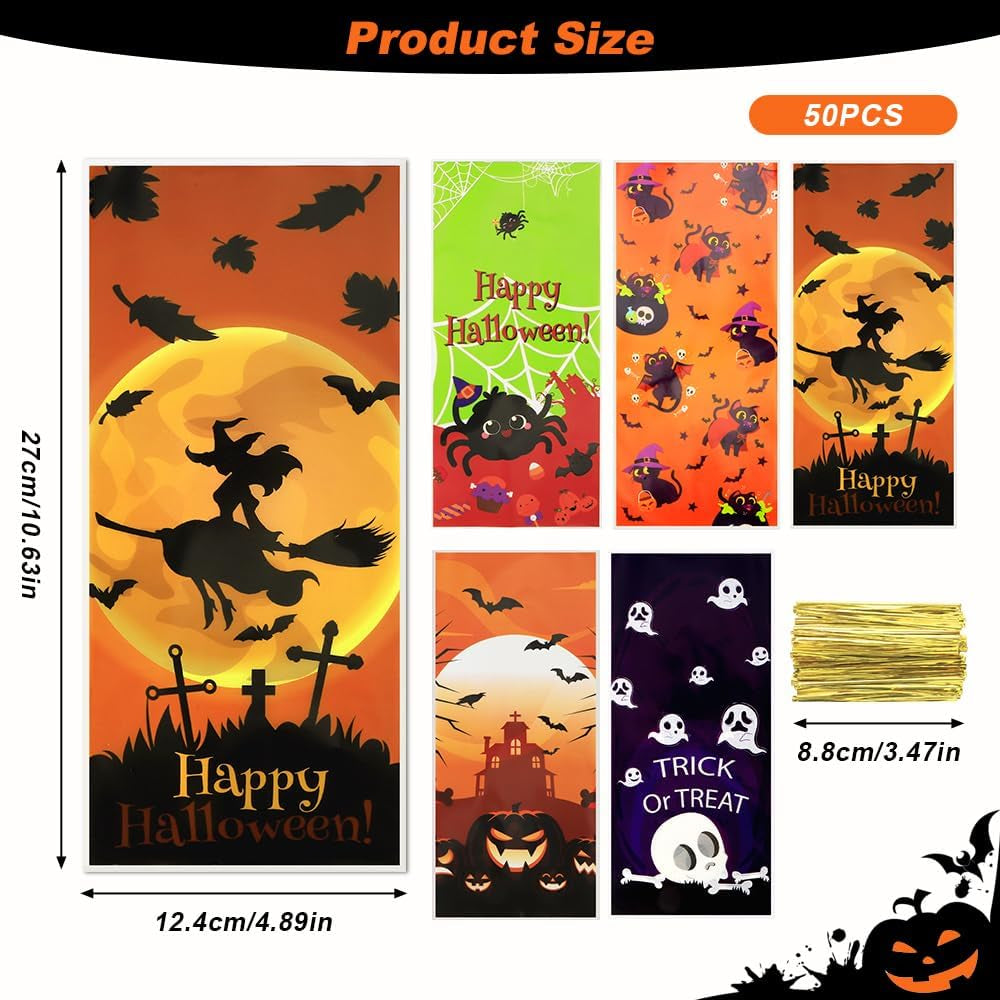 Halloween Treat Bags, Halloween Cellophane Treat Bags, 50 PCS Halloweens Candy Bag, Plastic Cello Cookie Goodies Gift Bag with 50Pcs Ties for Halloweens Trick or Treat Party Favors Supplies, 4 Style