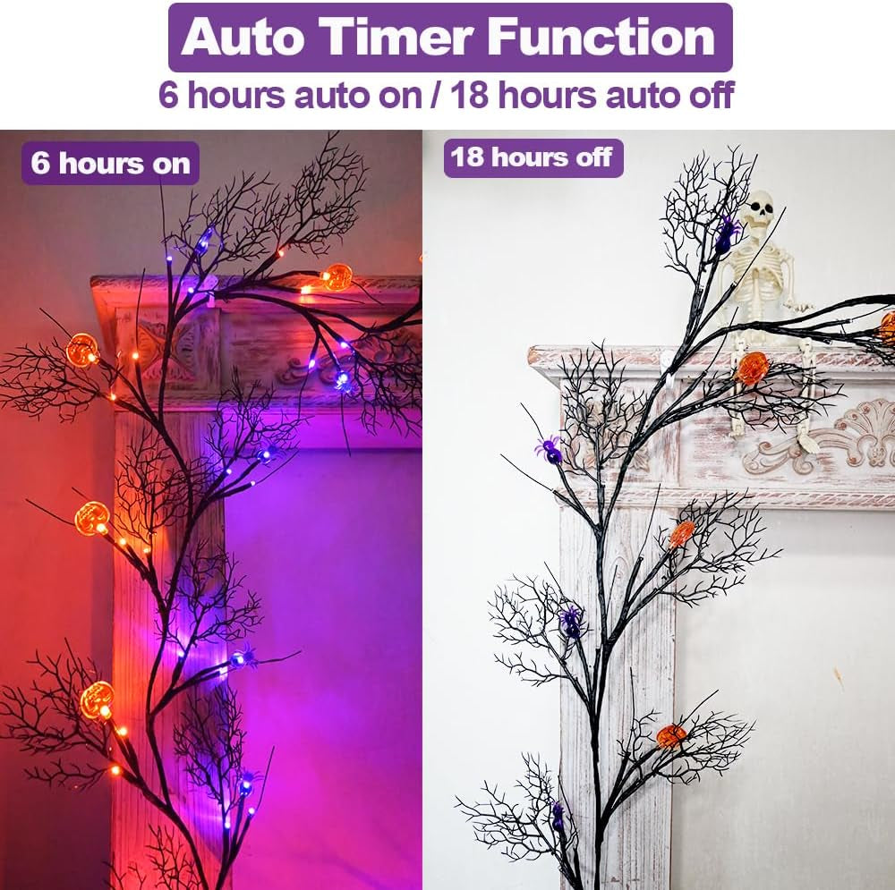 Halloween Decor Lights 8.86FT 72 LED Willow Vine Twig with Timer Battery Operated Garland Lights with Orange Pumpkins Purple Spiders and Black Dead Branches Indoor Halloween Decorations for Home