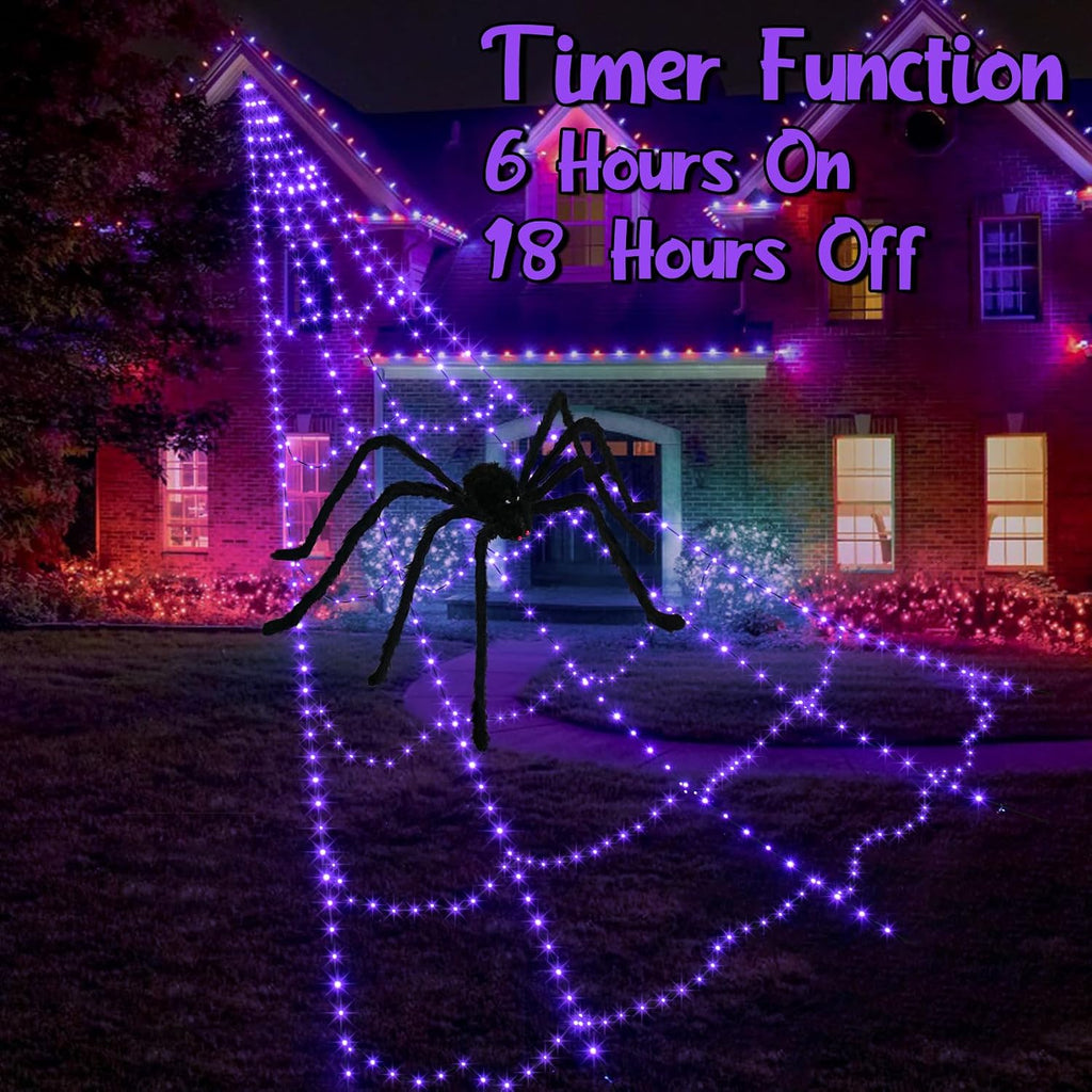 Spider Web Lights for Halloween Decorations Outdoor - 455 Leds, 8 Lighting Modes, 16.4 Ft Light up Giant Spider Web (Purple)
