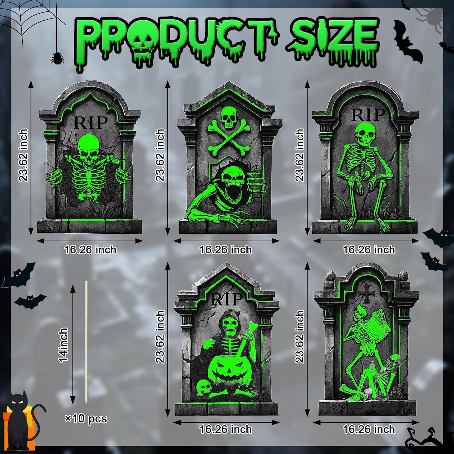25.2In Halloween Tombstones Outdoor Decor Glow in the Dark - 5PCS Tombstones for Graves Halloween Gravestones Decorations, Spooky Halloweens Decorations Yard Signs for Graveyard Haunted House