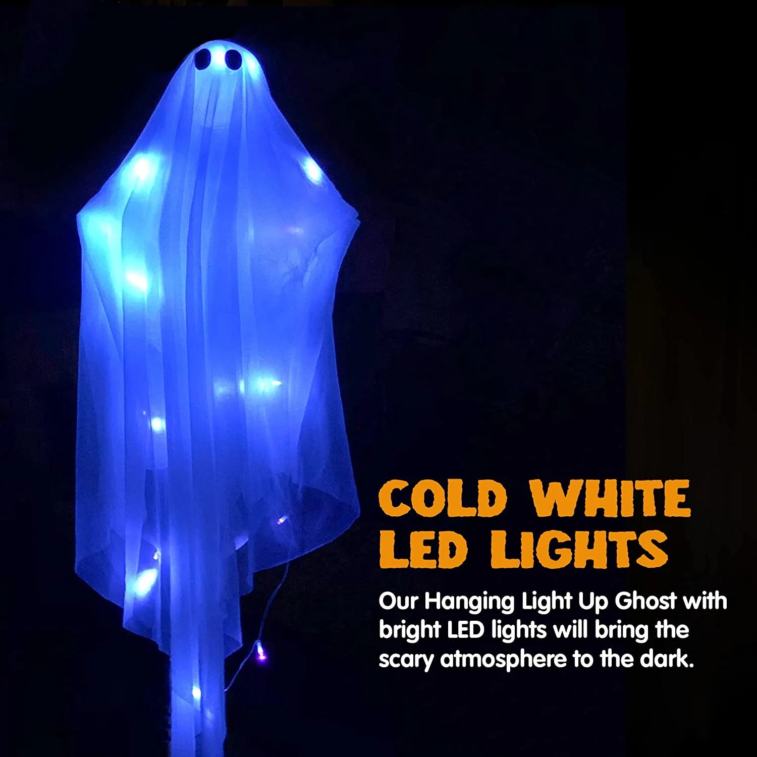 Ayieyill Halloween Ghost Decor with Blue LED Light, 47” Light up Hanging Ghost Halloween Yard Porch Decorations Outdoor