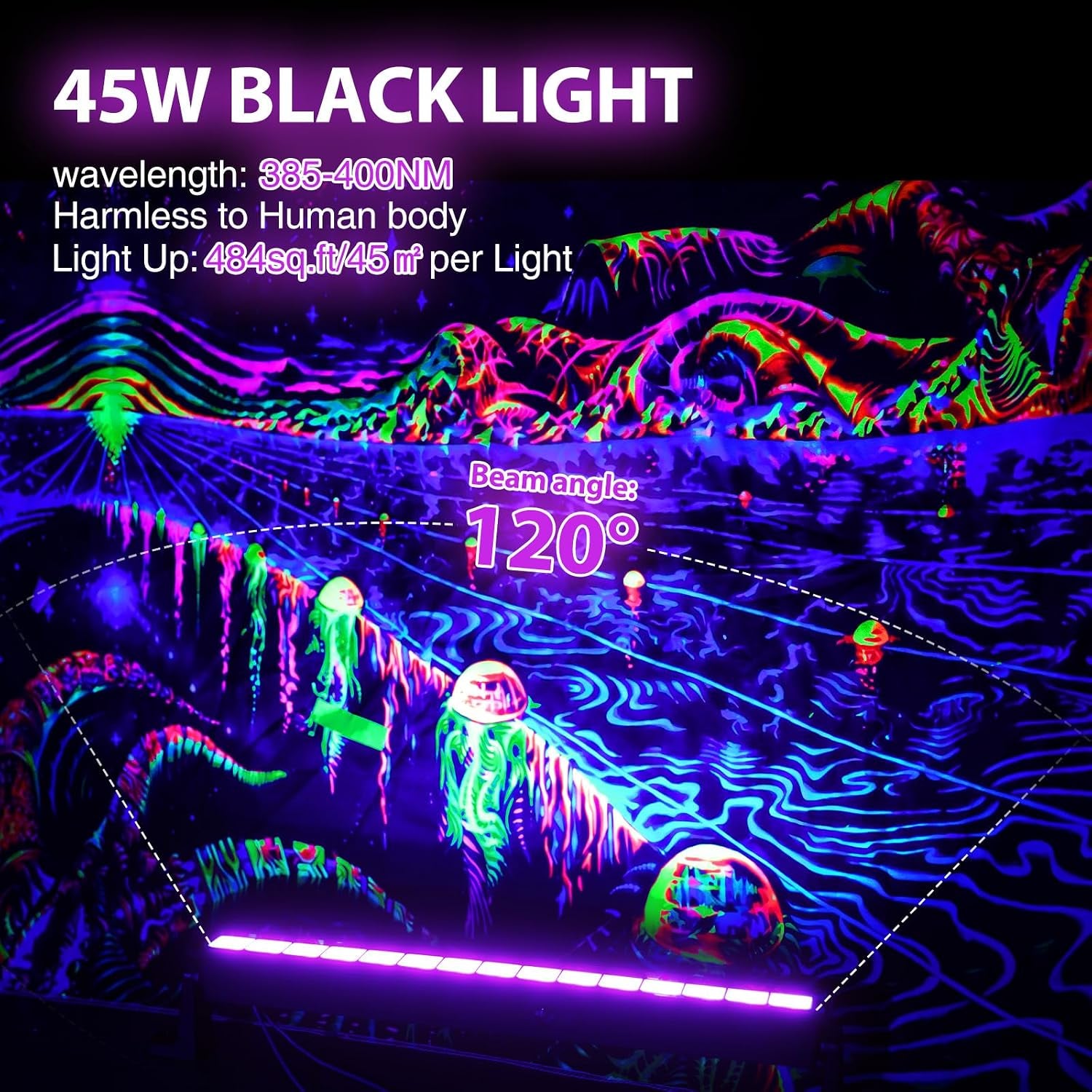 45W LED Black Light Bar,Black Lights for Glow Party,Waterproof Blacklight with Plug & Switch, Halloween Light for Glow in the Dark Party Supplies,Bedroom,Body Paint,Stage Lighting,2 Pack
