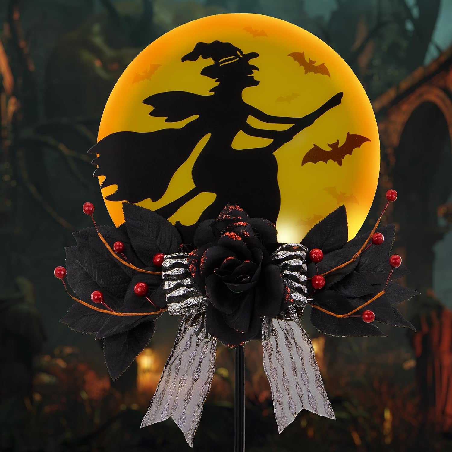 Solar Witch Halloween Stake 35In Iron Black Rose LED Garden Light