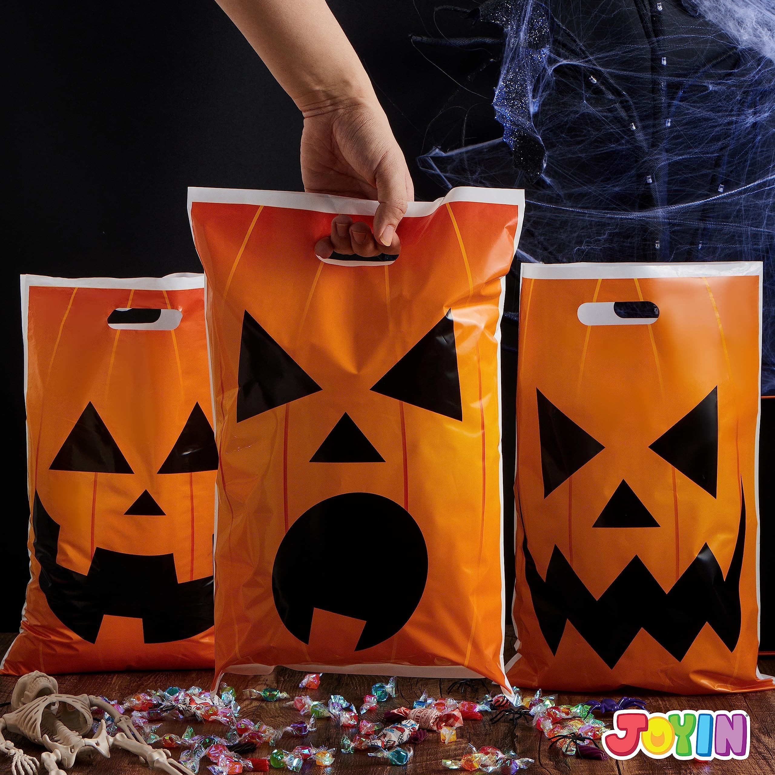 Joyfy 72 Pcs Halloween Trick or Treat Bags Large Halloween Treat Bags for Kids,Halloween Plastics Pumpkins Bags Orange Treat Bags Gift Bags