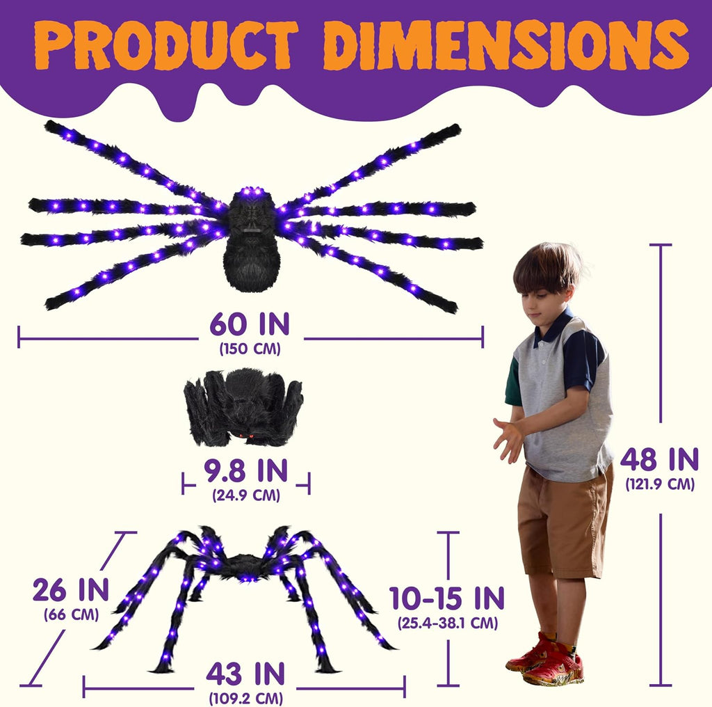 2 Pack 5 Ft Halloween Light up Spiders Outdoor Decorations, Scary Giant Spider with Purple LED, Fake Large Haunted House Props, for Halloween Lawn Porch Yard Garden Tree outside Indoor Decor