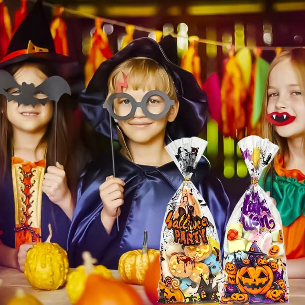 Halloween Cellophane Treat Bags, 60PCS Plastic Clear Halloween Candy Cookies Goodie Gift Bags with Ties for Halloweens Trick or Treat Party Favors Supplies, 4 Style