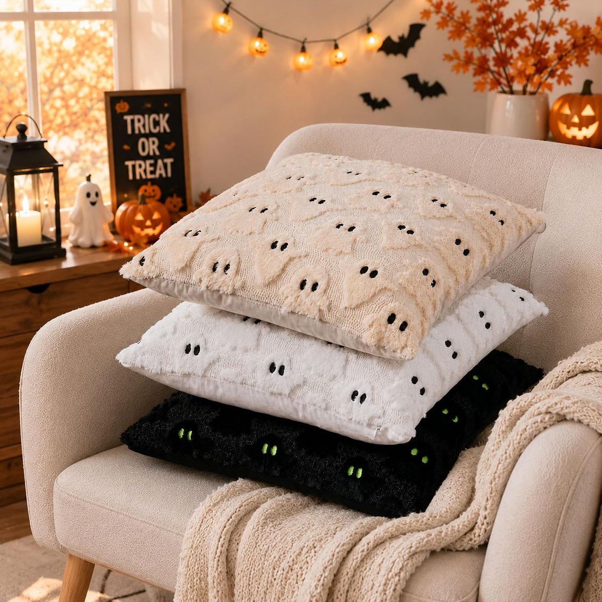 Halloween Pillow Covers 16X16 Inch 2Pcs White Ghost Halloween Decor