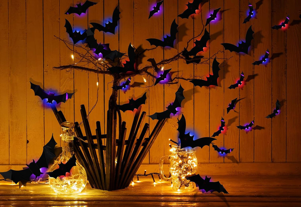 12 Pcs Halloween LED Light up Bats - 3D Halloween Bat Wall Decor Lights 10 Styles Waterproof PVC, for Halloween Party Supplies Outdoor Decor Window Desk Door Decorations, Bue, Red, Purple