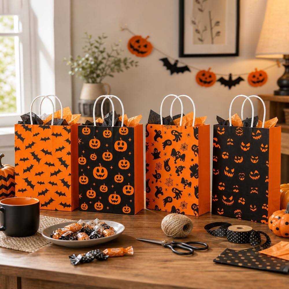 12 PCS Halloween Treat Bags with Handle for Candy Goodie Gift Snack Wrap