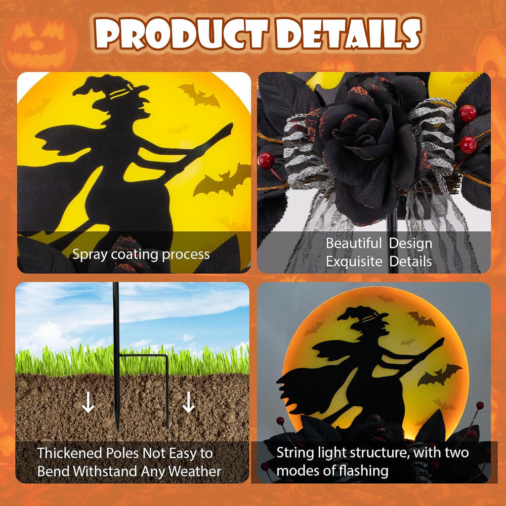 Solar Witch Halloween Stake 35In Iron Black Rose LED Garden Light