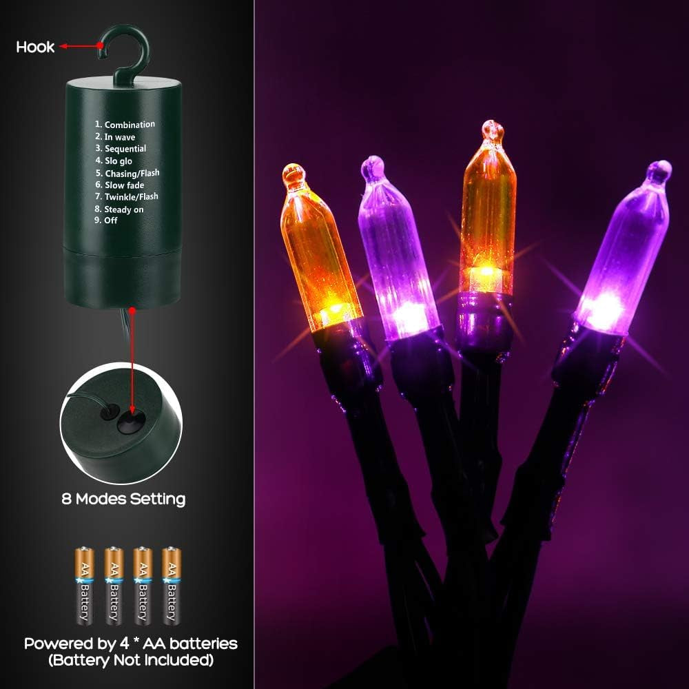 Orange Purple Halloween Lights Indoor, 2 Pack Total 66Ft 200 LED Battery Halloween Light with 8 Mode, Timer, Waterproof Battery Operated String Lights for Home Tree Wreaths Party Holiday Decor