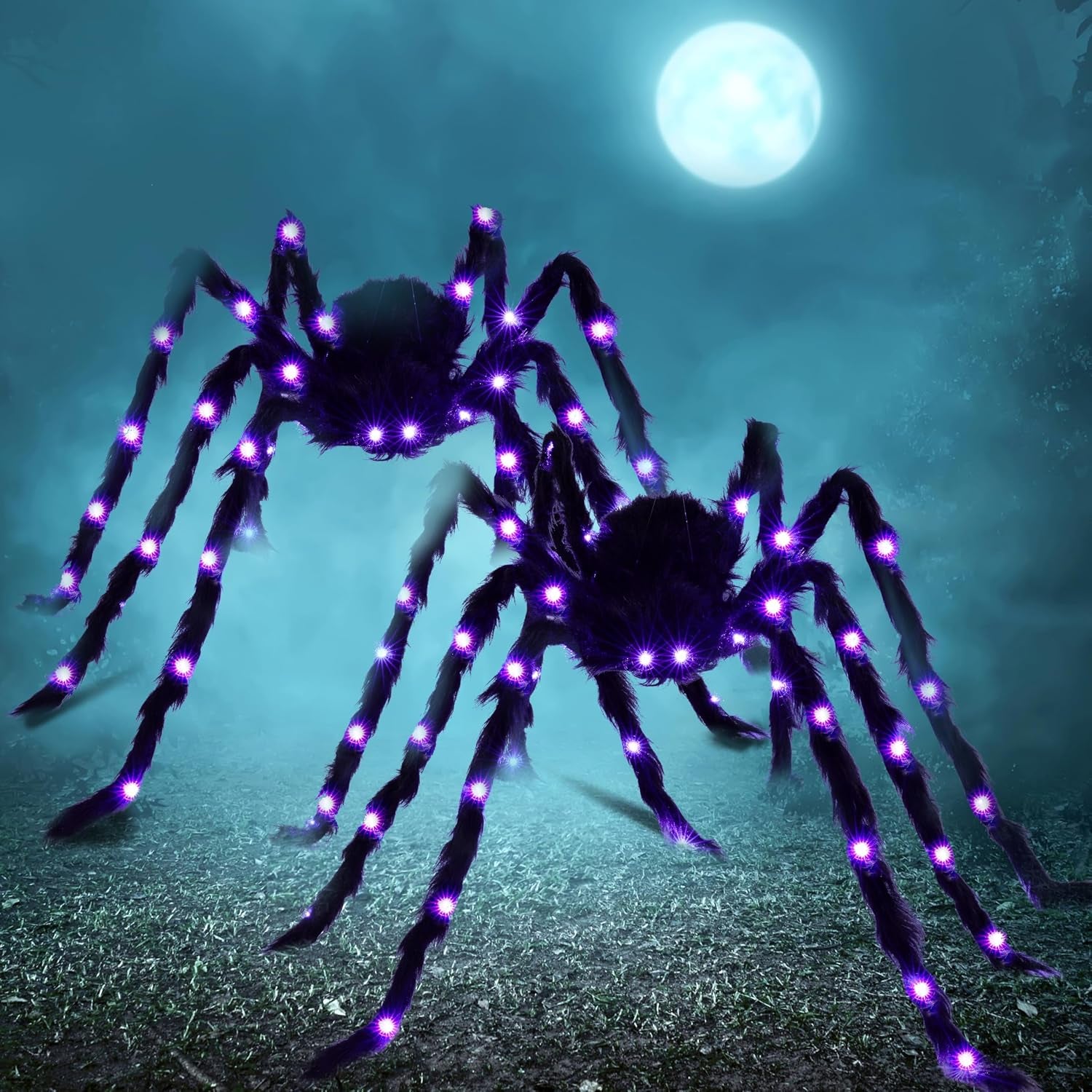 2 Pack 5 Ft Halloween Light up Spiders Outdoor Decorations, Scary Giant Spider with Purple LED, Fake Large Haunted House Props, for Halloween Lawn Porch Yard Garden Tree outside Indoor Decor
