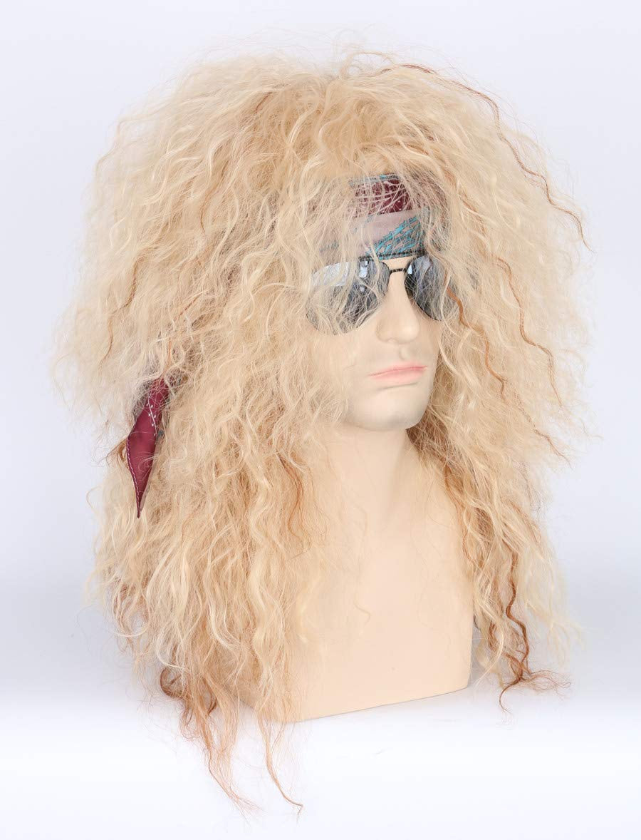 Men Women Blonde 80S Wigs Long Curly Rocker Disco Halloween Costume Mullet Wig
