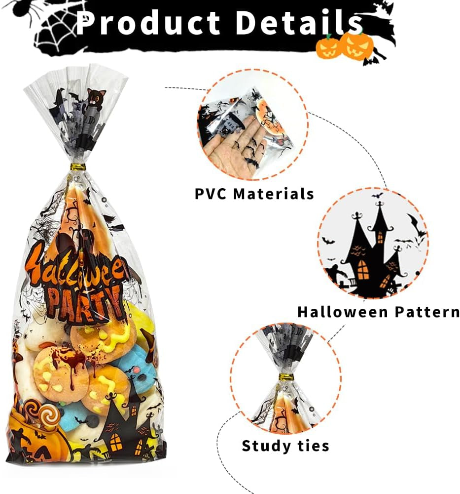 Halloween Cellophane Treat Bags, 60PCS Plastic Clear Halloween Candy Cookies Goodie Gift Bags with Ties for Halloweens Trick or Treat Party Favors Supplies, 4 Style