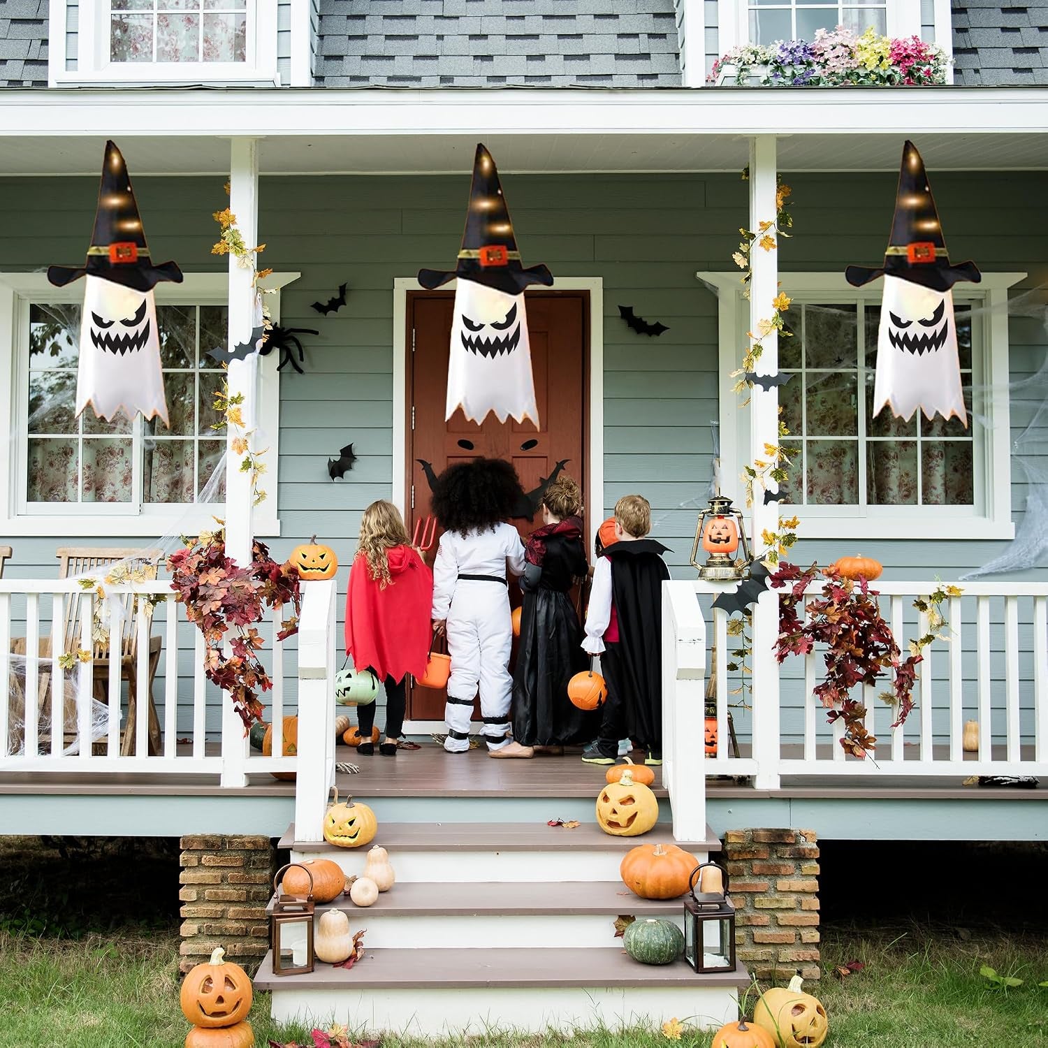 Halloween Light-Up Ghost Set of 3, Scary Face on Ghosts, Indoor & Outdoor Spooky Decor, Uses 3 Double a Batteries for Longer Lasting Lights, Hanging Decoration for Holiday and Parties, by