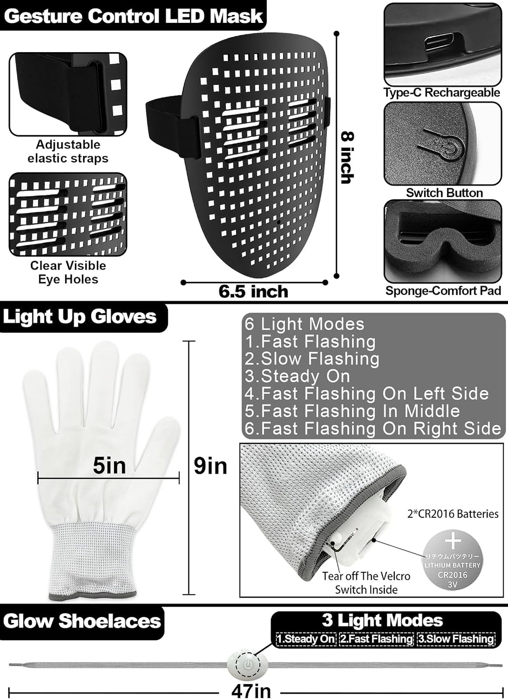 3 Set Halloween Gesture Sensing LED Mask Glow Skeleton Gloves & Shoelaces