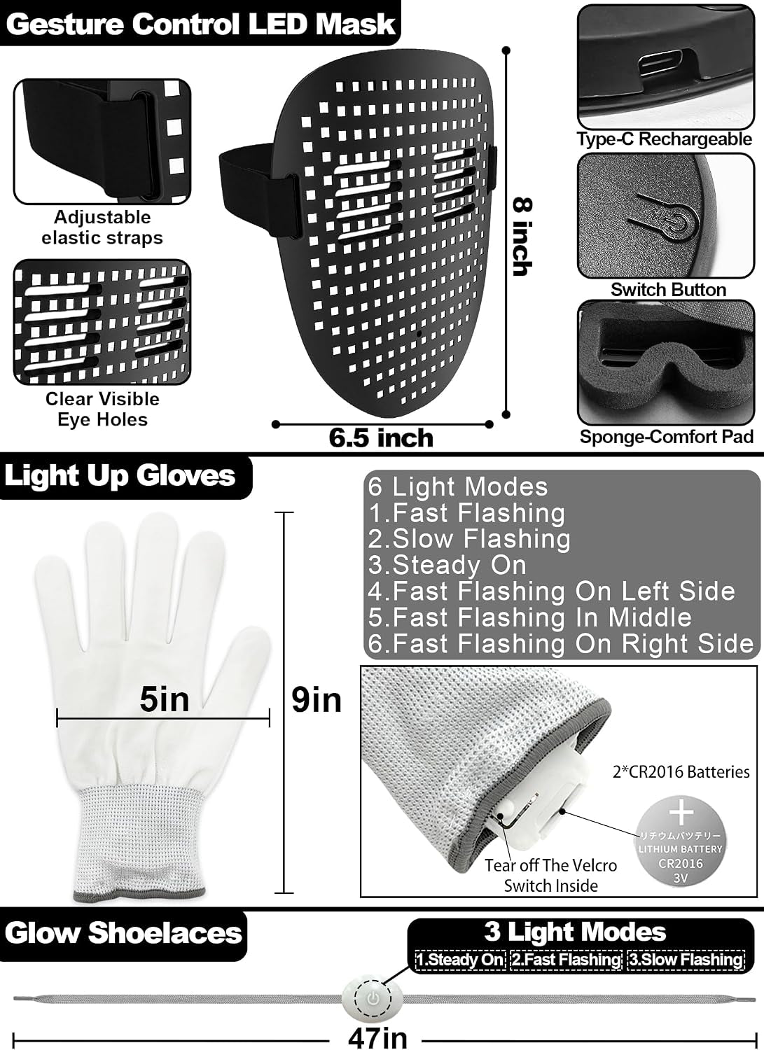 3 Set Halloween Gesture Sensing LED Mask Glow Skeleton Gloves & Shoelaces