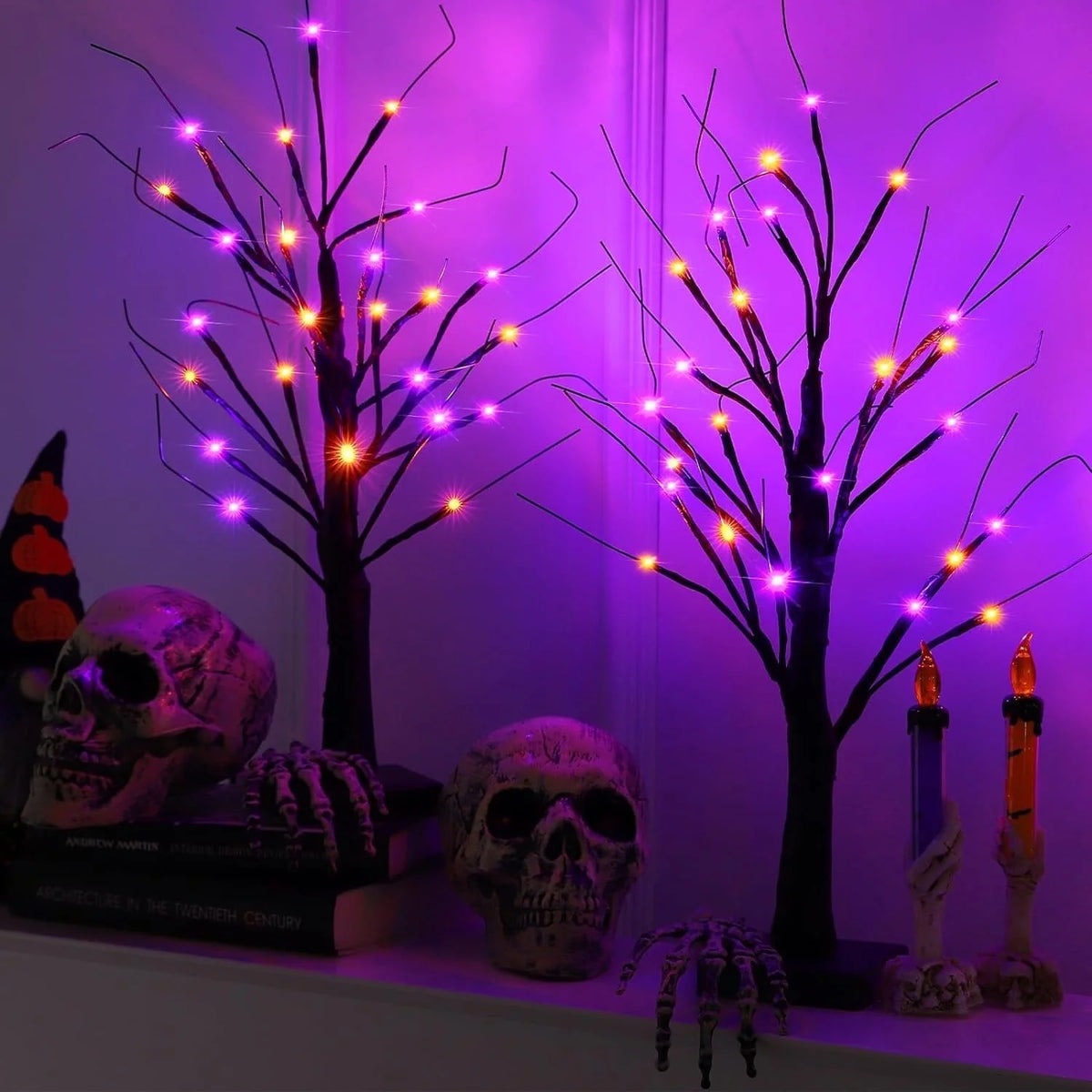 TETOU 1Pc-24Inch Halloween Birch Tree Decorations with Timer,Total 24 LED Battery Operated Tabletop Artificial Black Spooky Tree Hallowe'En Decorations for Indoor Home Holiday Party-Purple