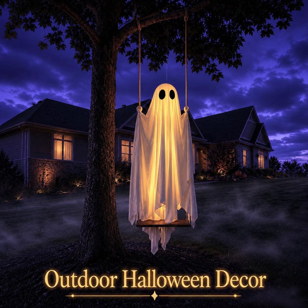 Clearance Early Halloween Decorations Outdoor - 5 FT Large Hanging Swing Ghost Halloween Decor, Spooky Cute Ghosts Decorations for Front Porch Yard Tree(Without Remote Control)