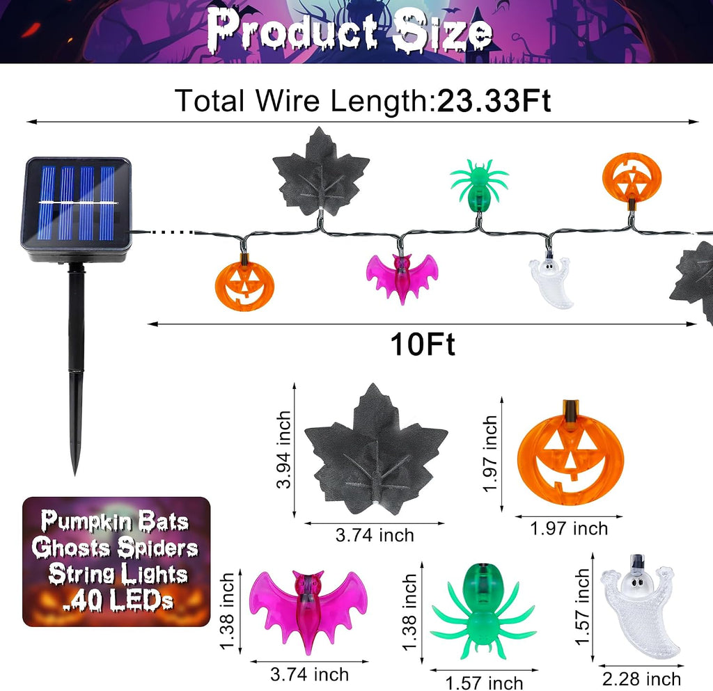 Solar Halloween Lights Outdoor 23.3Ft 40Leds Halloween Decorations Lights, 8 Modes Maple Leaf Pumpkin Ghost Spider Bat Light Solar Powered Halloweens String Light Outside