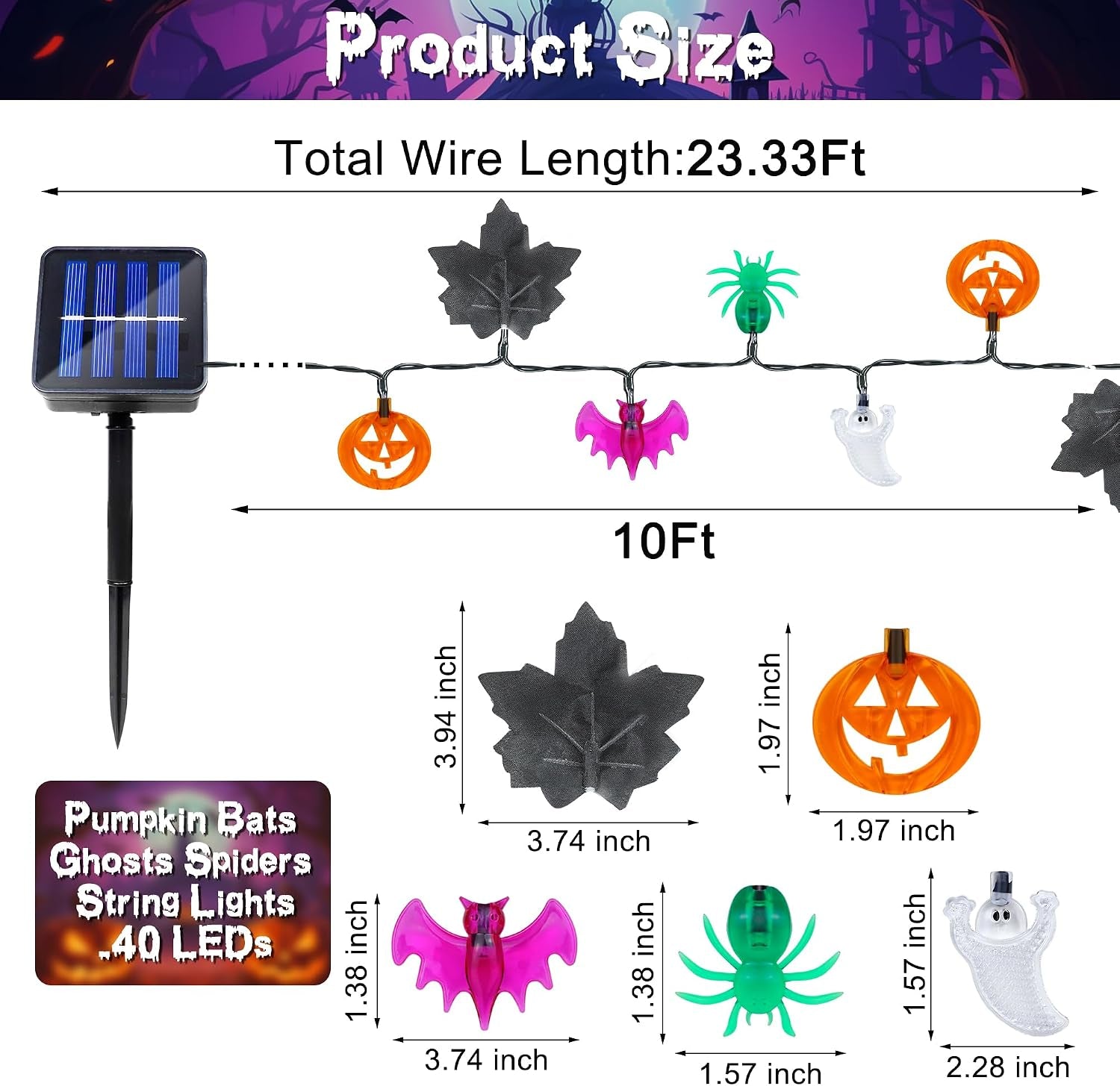 Solar Halloween Lights Outdoor 23.3Ft 40Leds Halloween Decorations Lights, 8 Modes Maple Leaf Pumpkin Ghost Spider Bat Light Solar Powered Halloweens String Light Outside