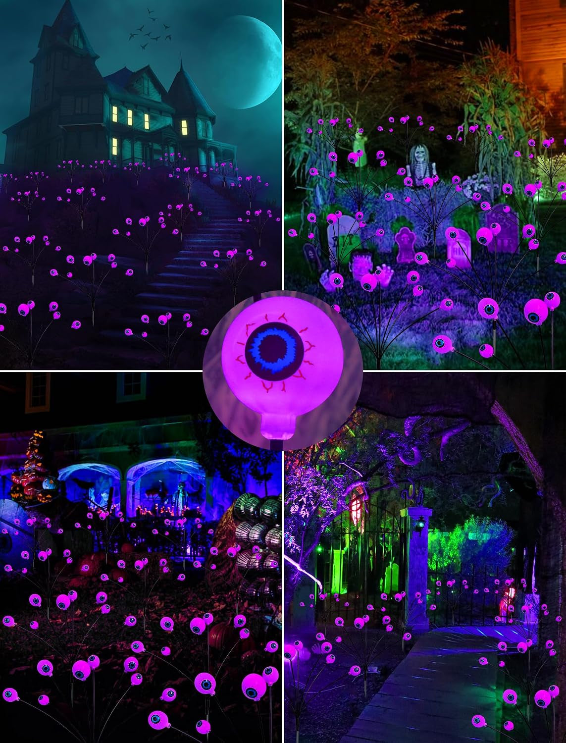 Solar Halloween Lights Outdoor Decorations - 4 Pack 32 LED Solar Eyeball Lights for Yard, Scary Eyeballs Halloween Light for Outside, Pathway, Walkway, Landscape, Garden, Party Decor (Purple)