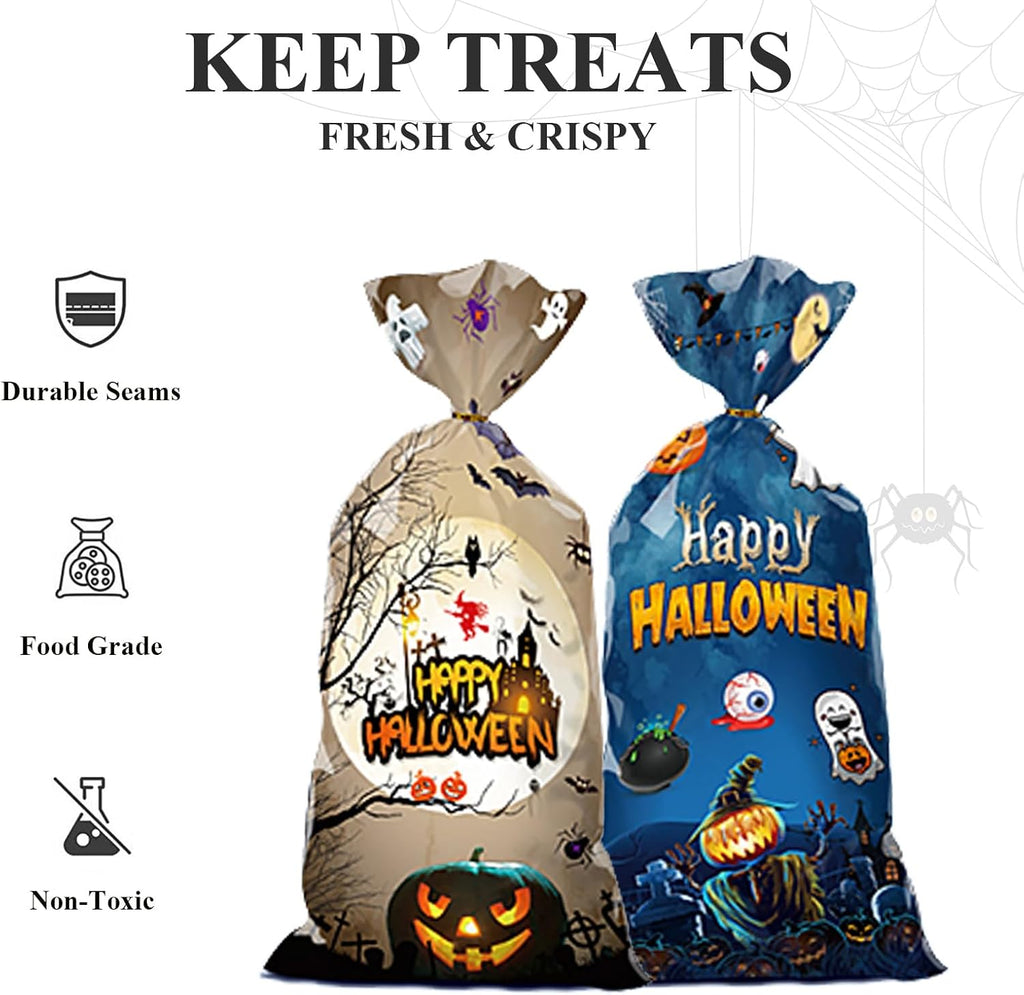 50 PCS Halloween Cellophane Treat Bags - Cookies Goodie Gift Snacks Bags with Twist Ties for Trick or Treat Party Favors