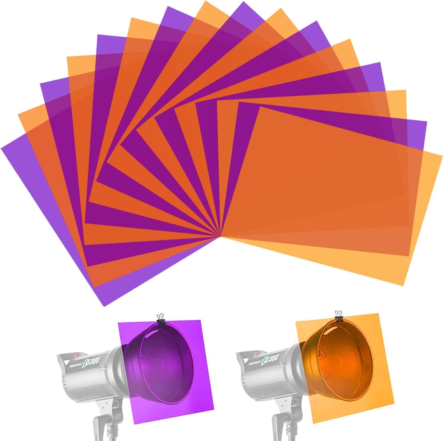 Halloween Light Gel Filter，16 Pack Transparency Color Film Plastic Sheets Colored Overlays Correction Flash Lighting Holiday Decorations,11.7 by 8.3 Inches (Orange and Purple)