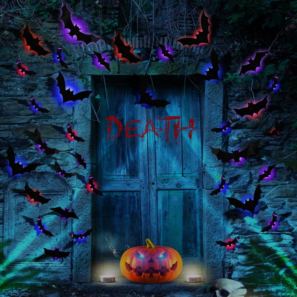 12 Pcs Halloween LED Light up Bats - 3D Halloween Bat Wall Decor Lights 10 Styles Waterproof PVC, for Halloween Party Supplies Outdoor Decor Window Desk Door Decorations, Bue, Red, Purple