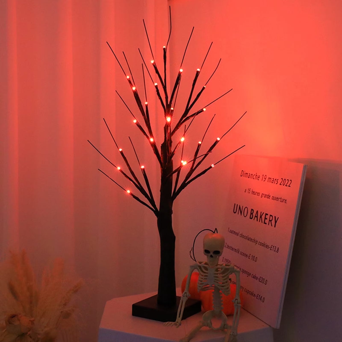 TETOU 1Pc-24Inch Halloween Birch Tree Decorations with Timer,Total 24 LED Battery Operated Tabletop Artificial Black Spooky Tree Hallowe'En Decorations for Indoor Home Holiday Party-Purple