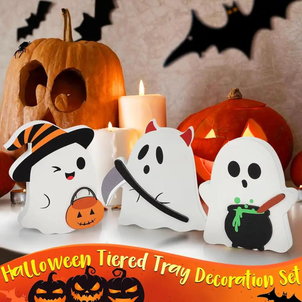 Wooden Tiered Tray Sign Set of 3, Black Cat Bat Witch Broom Pumpkin Blocks for Party Shelf Display
