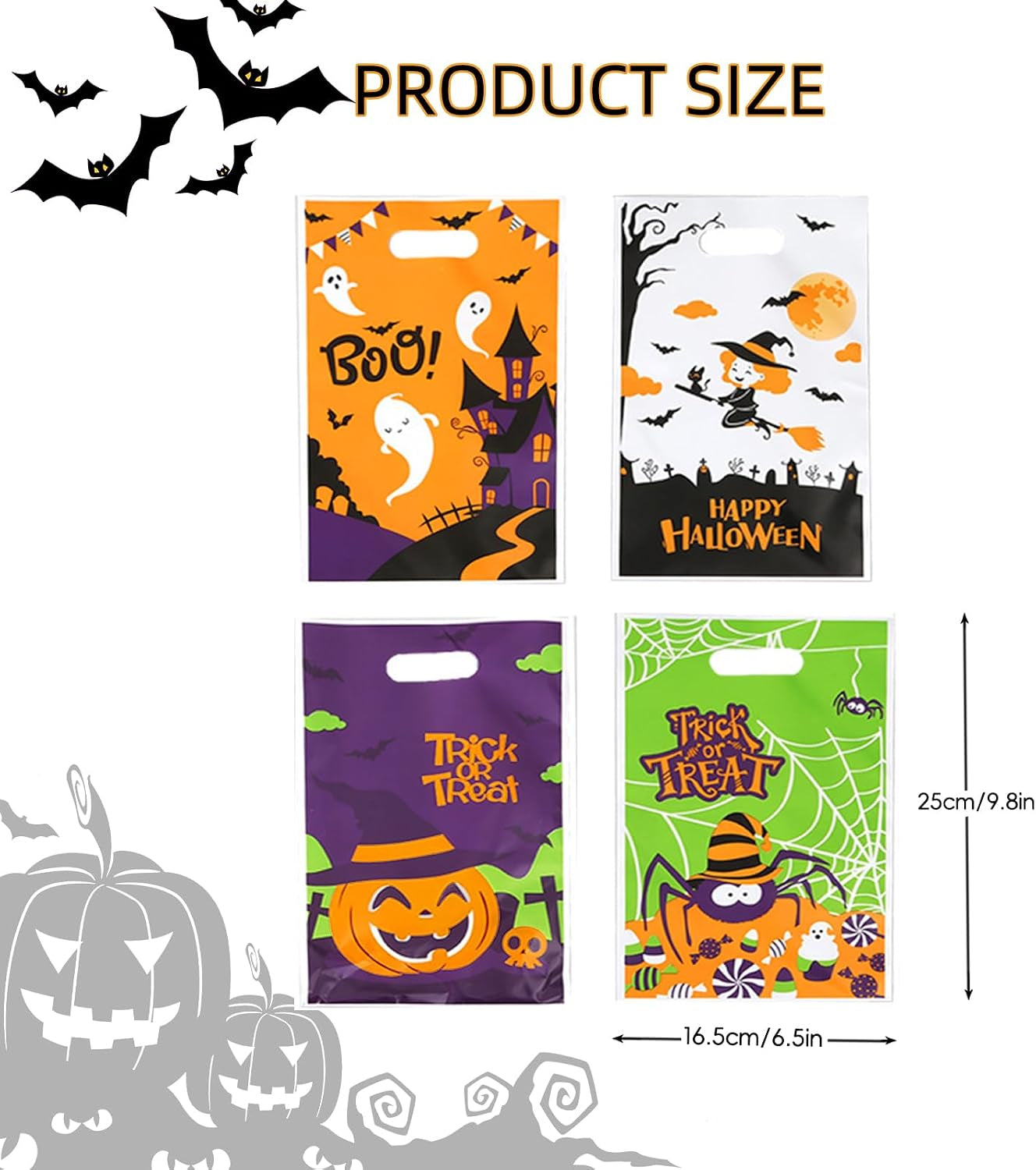 100Pcs Halloween Goodie Bags Trick or Treat Bags Plastic Candy Treat Bag with Handle Gift Bag for Halloween Party Favors Supplies