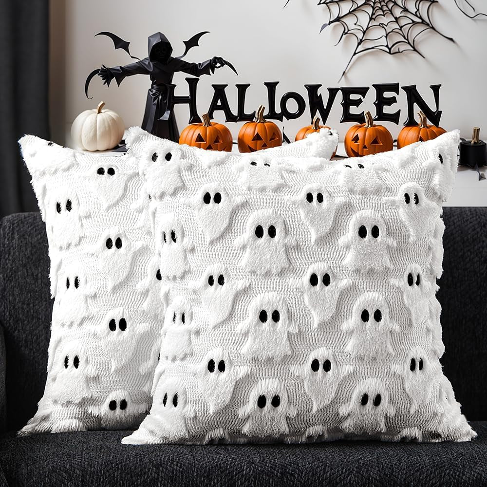 Halloween Pillow Covers 16X16 Inch 2Pcs White Ghost Halloween Decor