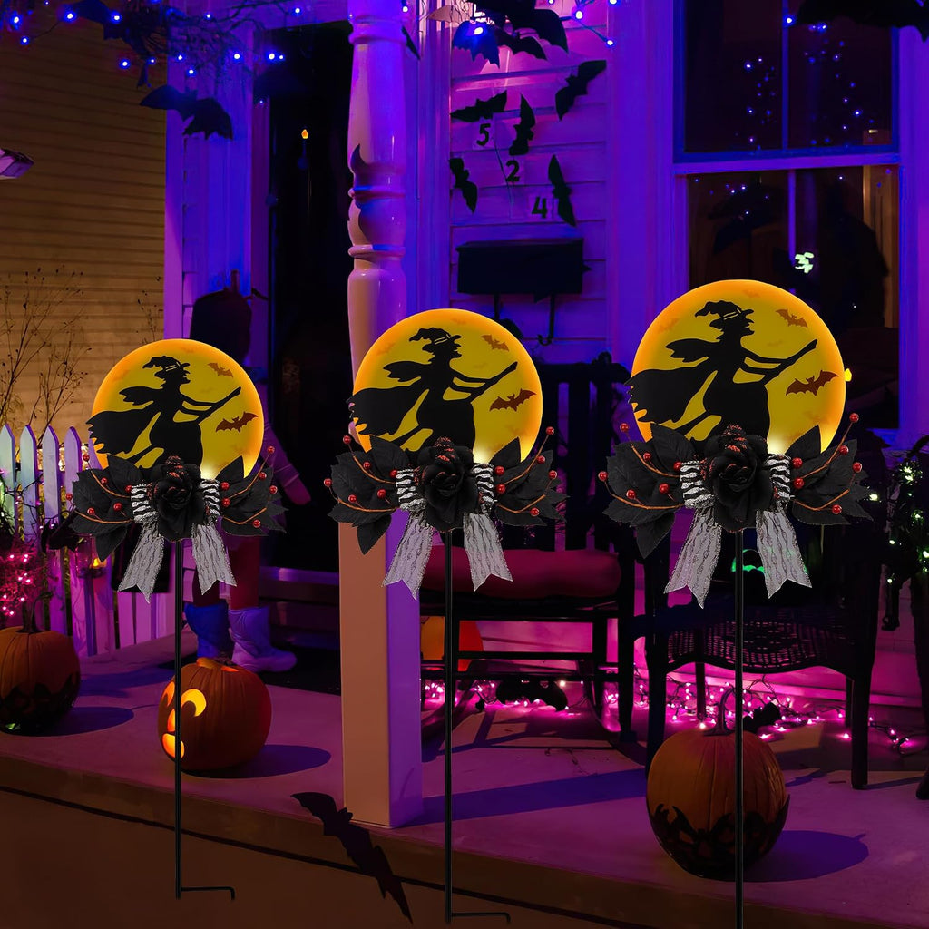 Solar Witch Halloween Stake 35In Iron Black Rose LED Garden Light