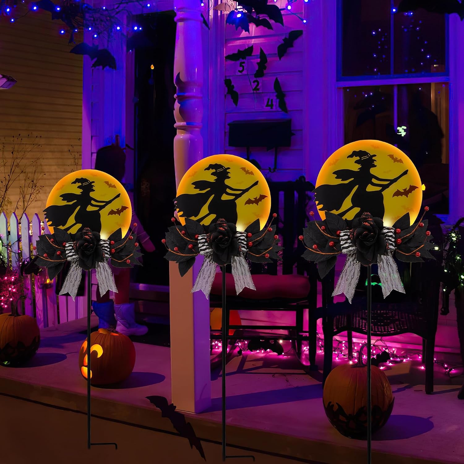 Solar Witch Halloween Stake 35In Iron Black Rose LED Garden Light